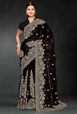 Black zari embroidery work fendy silk blend designer saree with blouse 1