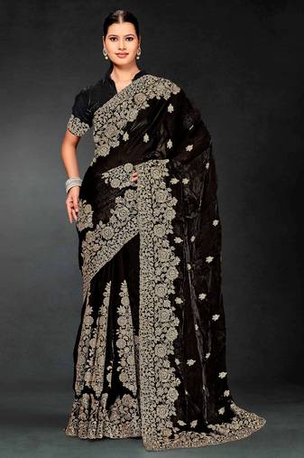Black color zari embroidery work fendy silk designer saree with blouse