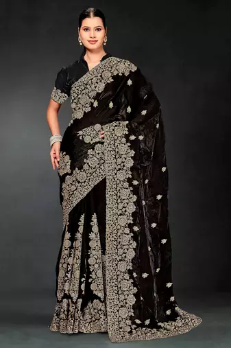 Black color zari embroidery work fendy silk designer saree with blouse
