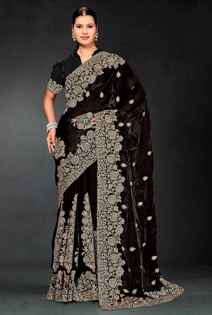 Black color zari embroidery work fendy silk designer saree with blouse