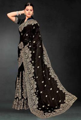 Black zari embroidery work fendy silk blend designer saree with blouse 2