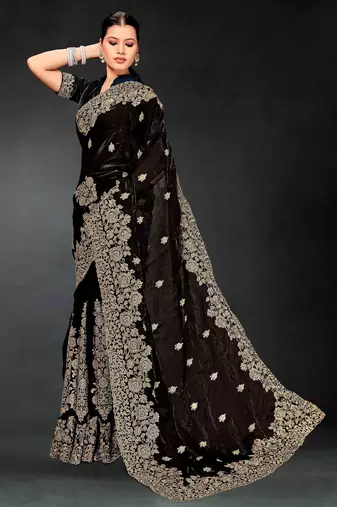 Black color zari embroidery work fendy silk blend designer saree with blouse