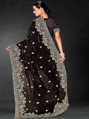 Black zari embroidery work fendy silk blend designer saree with blouse 3