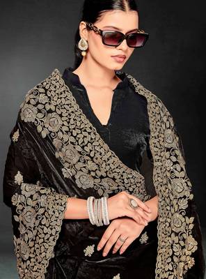 Black zari embroidery work fendy silk blend designer saree with blouse 4
