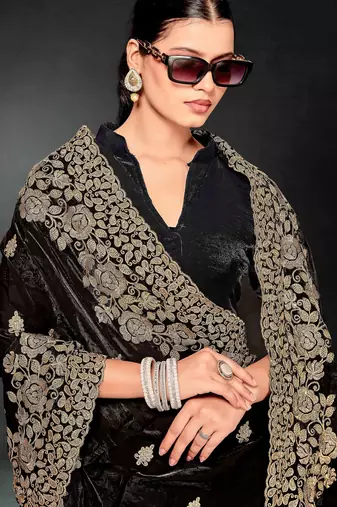Black color zari embroidery work fendy silk blend designer saree with blouse