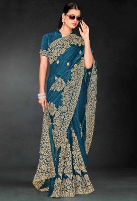 Blue color zari embroidery work fendy silk blend designer saree with blouse 1