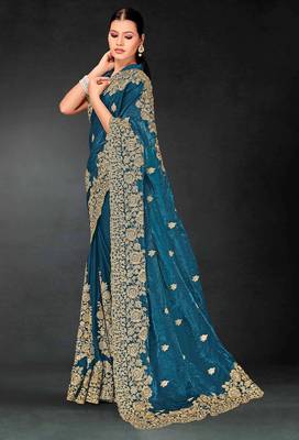 Blue color zari embroidery work fendy silk blend designer saree with blouse 2