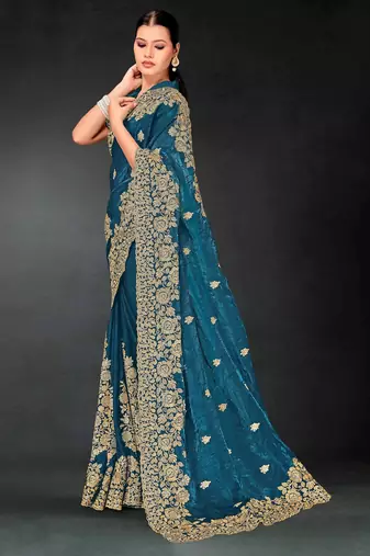 Blue color zari embroidery work fendy silk blend designer saree with blouse