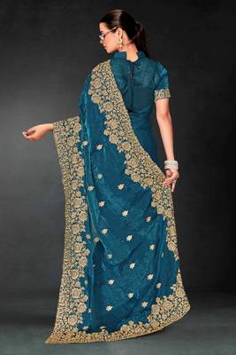 Blue color zari embroidery work fendy silk blend designer saree with blouse 3