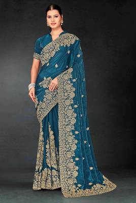 Blue color zari embroidery work fendy silk blend designer saree with blouse 4