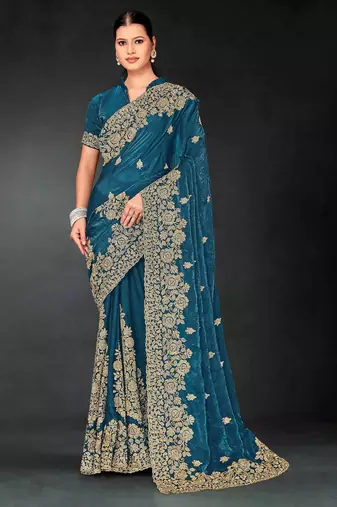 Blue color zari embroidery work fendy silk blend designer saree with blouse