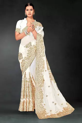 White color zari embroidery work fendy silk designer saree with blouse