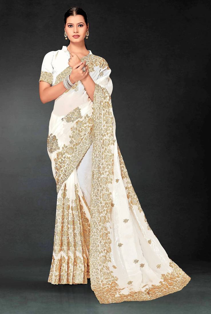 White color zari embroidery work fendy silk designer saree with blouse