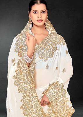 White color zari embroidery work fendy silk blend designer saree with blouse 2
