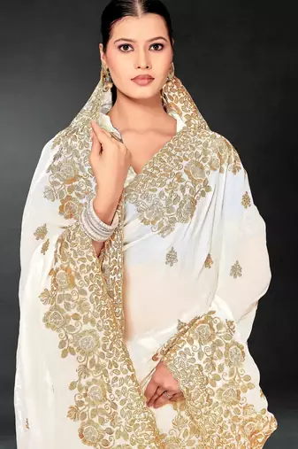 White color zari embroidery work fendy silk blend designer saree with blouse