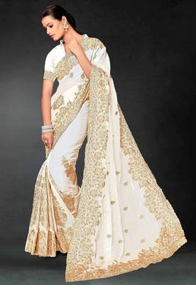White color zari embroidery work fendy silk blend designer saree with blouse 3
