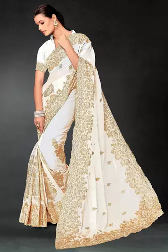 White color zari embroidery work fendy silk blend designer saree with blouse