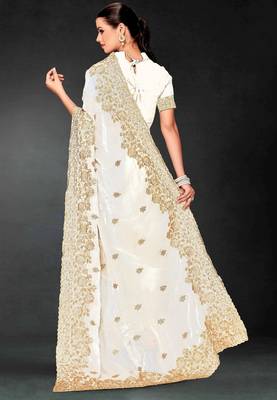 White color zari embroidery work fendy silk blend designer saree with blouse 4