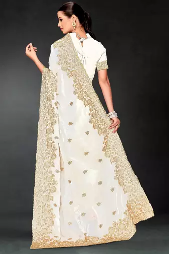 White color zari embroidery work fendy silk blend designer saree with blouse