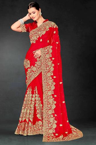 Red color zari embroidery work fendy silk designer saree with blouse