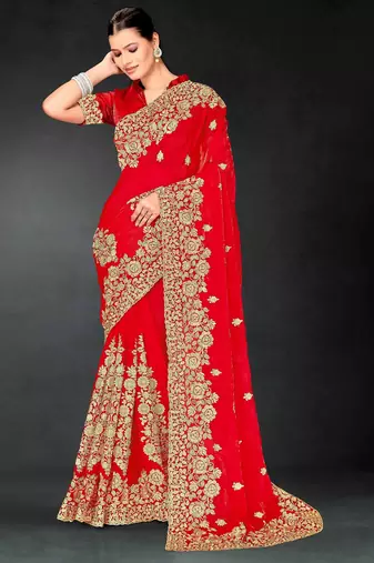 Red color zari embroidery work fendy silk designer saree with blouse