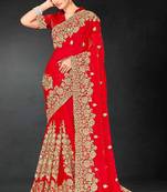 Red color zari embroidery work fendy silk designer saree with blouse