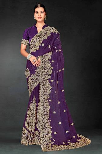 Purple color zari embroidery work fendy silk designer saree with blouse