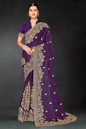 Purple color zari embroidery work fendy silk designer saree with blouse