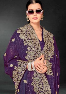 Purple color zari embroidery work fendy silk blend designer saree with blouse 2