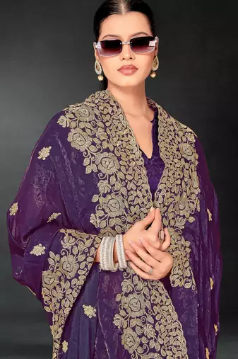 Purple color zari embroidery work fendy silk blend designer saree with blouse