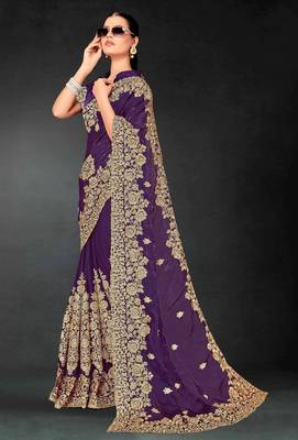 Purple color zari embroidery work fendy silk blend designer saree with blouse 3