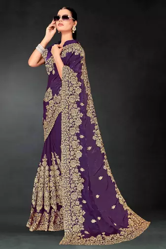 Purple color zari embroidery work fendy silk blend designer saree with blouse