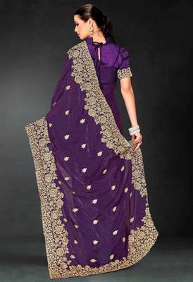 Purple color zari embroidery work fendy silk blend designer saree with blouse 4