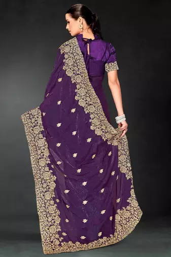 Purple color zari embroidery work fendy silk blend designer saree with blouse