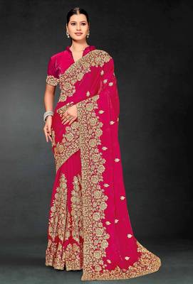 Pink color zari embroidery work fendy silk blend designer saree with blouse 1