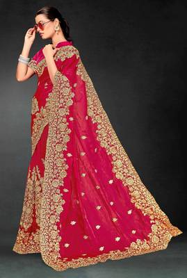 Pink color zari embroidery work fendy silk blend designer saree with blouse 3
