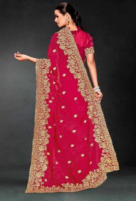 Pink color zari embroidery work fendy silk blend designer saree with blouse 4