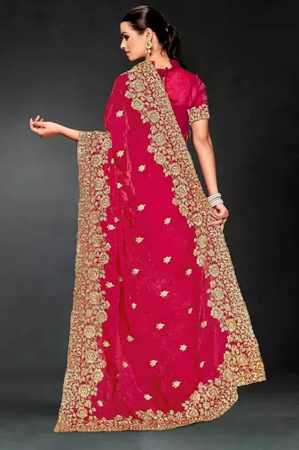 Pink color zari embroidery work fendy silk blend designer saree with blouse
