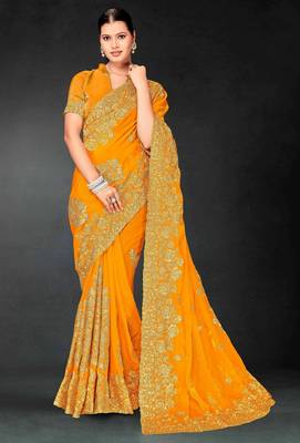 Musturd color zari embroidery work fendy silk blend designer saree with blouse 1