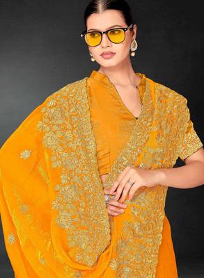 Musturd color zari embroidery work fendy silk blend designer saree with blouse 2