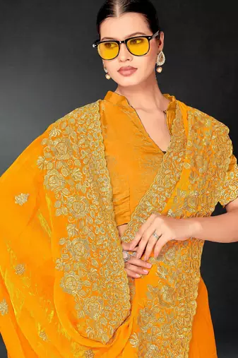 Musturd color zari embroidery work fendy silk blend designer saree with blouse
