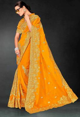 Musturd color zari embroidery work fendy silk blend designer saree with blouse 3