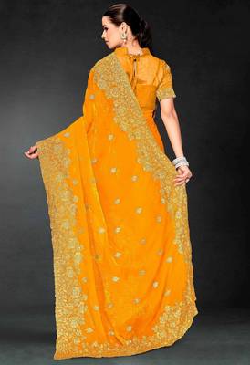 Musturd color zari embroidery work fendy silk blend designer saree with blouse 4