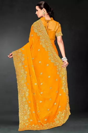 Musturd color zari embroidery work fendy silk blend designer saree with blouse