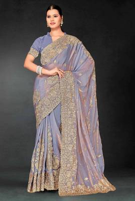 Light purple color zari embroidery work fendy silk blend designer saree with blouse 2