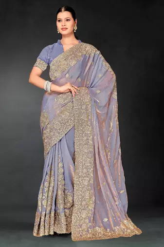 Light purple color zari embroidery work fendy silk blend designer saree with blouse