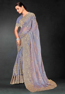 Light purple color zari embroidery work fendy silk blend designer saree with blouse 3