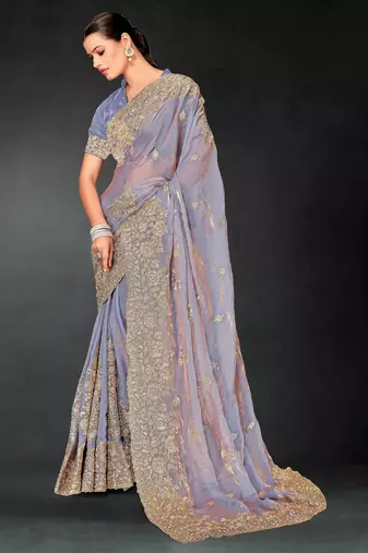 Light purple color zari embroidery work fendy silk blend designer saree with blouse