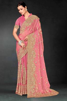 Light pink color zari embroidery work fendy silk blend designer saree with blouse 1