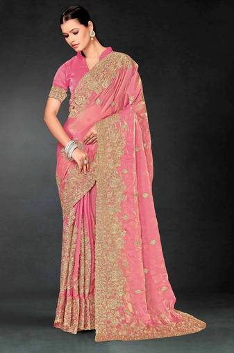 Light pink color zari embroidery work fendy silk designer saree with blouse